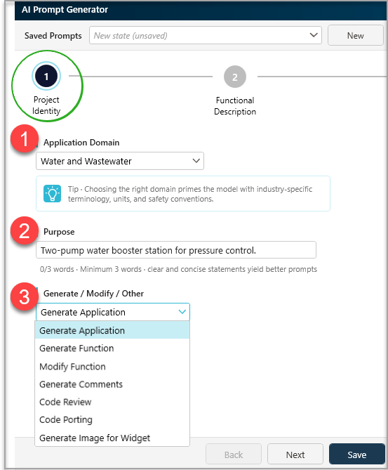 AI Prompt Generator trin 1 med feltet Application Domain, Purpose og valg af handling