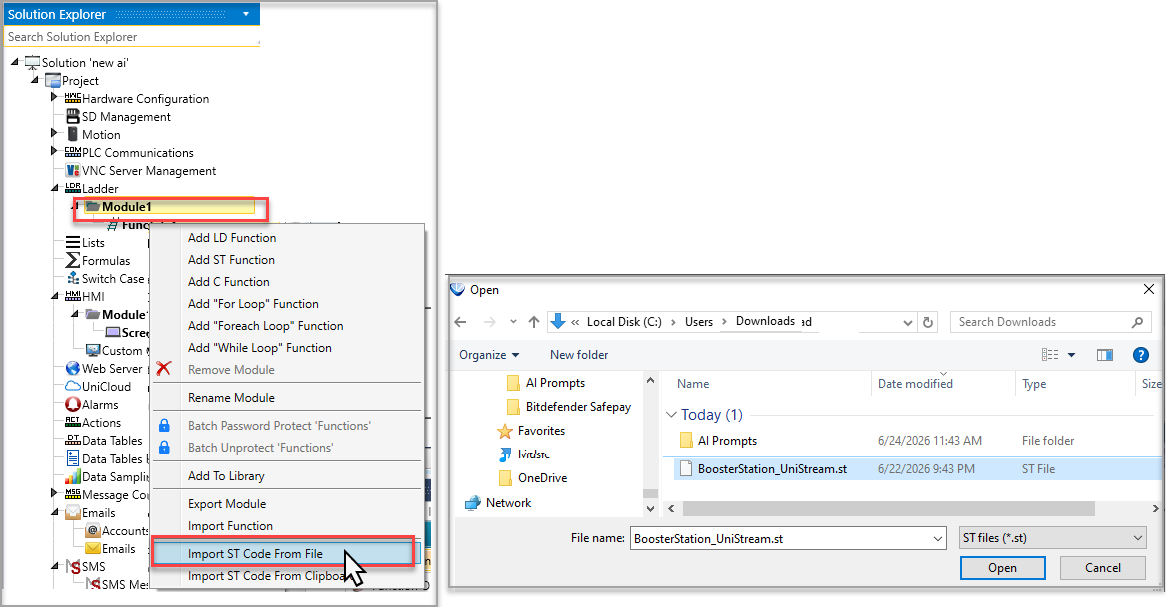 Højrekliksmenuen Import ST Code From File i UniLogic Solution Explorer